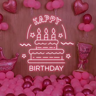 Big Happy Birthday Text with Cake Neon Sign
