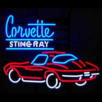 Corvette Stingray Neon Car Signs Hung On Black Background