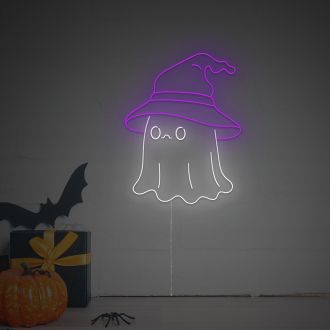 Halloween Flying Cuty Ghost With Wizard Hat LED Neon Sign