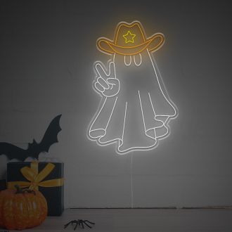 Halloween Ghost With Cow Boy Hat With Star LED Neon Sign