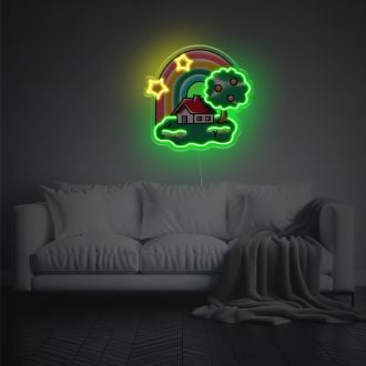 House Land With Rainbow And Stars LED Neon Acrylic Artwork