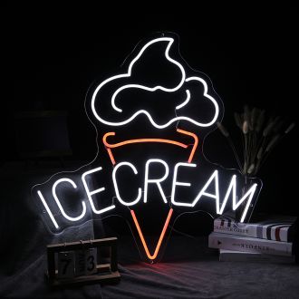 The ice cream neon sign is a vibrant and playful display that illuminates the storefront of an ice cream shop. The sign features a swirling cone of ice cream, topped with a cherry and surrounded by a halo of colorful neon lights. The words "ice cream" are