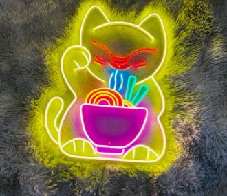 Lucky Cat Eating Noodles Neon Sign