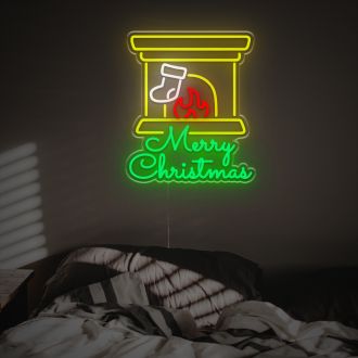 Marry Christmas With Sock And Fireplace LED Neon Sign