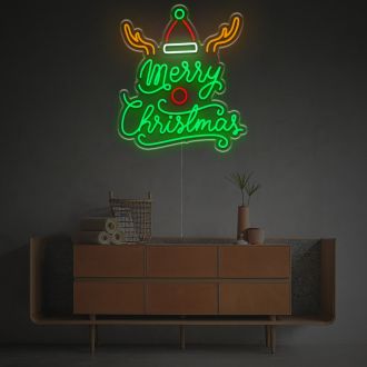 Merry Christmas With Elk Antlers And Christmas Hat LED Neon Sign