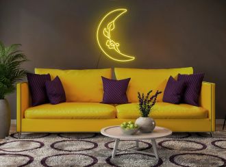 Moon Neon Sign Hung On The Wall Of A Room