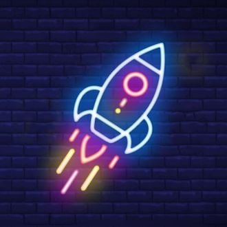 Neon Rocket Sign Hung On The Brick Background