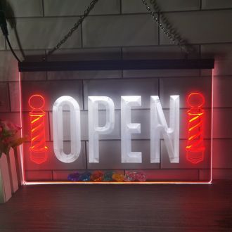 OPEN Barber Poles Hair Cut Dual LED Neon Sign
