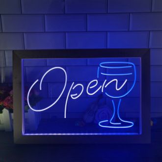 OPEN Wine Glass Cocktails Frame Dual LED Neon Sign