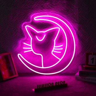 The Sailor Moon Luna neon sign is a vibrant and eye-catching piece of decor that features the beloved feline character from the popular anime and manga series. The sign is made up of bright pink neon tubing that outlines the silhouette of Luna, complete w