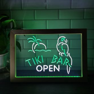 Tiki Open Parrot Photo Frame Dual LED Neon Sign