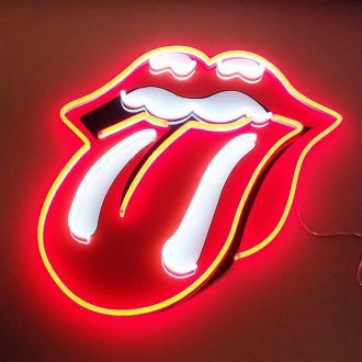 The Rolling Stone neon sign is a vibrant and eye-catching display that features the iconic Rolling Stone logo in bright, glowing neon lights. The sign is mounted on a black background, which provides a striking contrast to the neon colors and makes the si