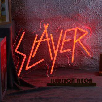 "The Slayer Neon Sign is a bold and vibrant piece of neon art that captures the attention of anyone who sees it. The sign features the word "Slayer" in bright, neon red, with a fierce and fierce font that commands respect. The letters are surrounded by a 